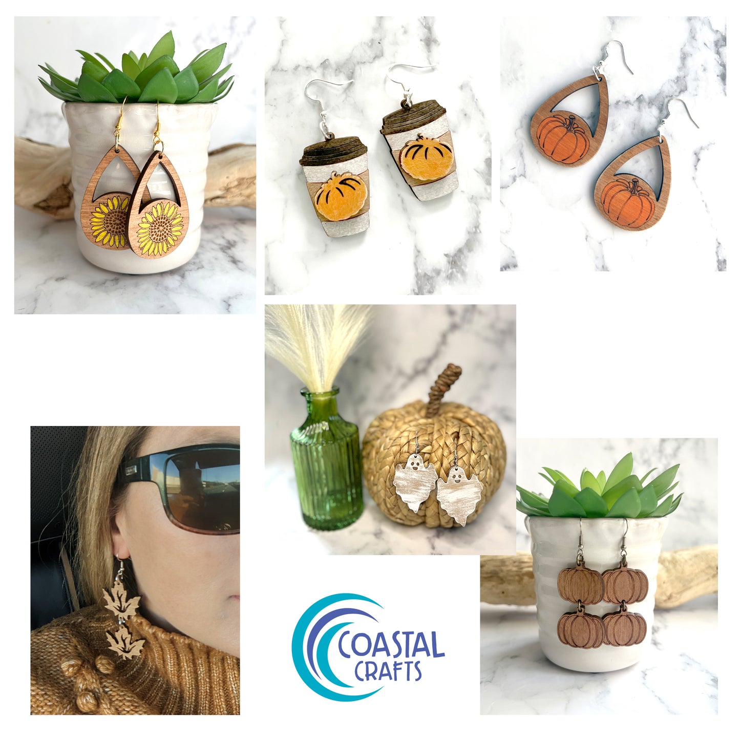 Handmade Wood Fall Earrings with Pumpkin Spice Coffee, Ghosts, Sunflowers and Leaves