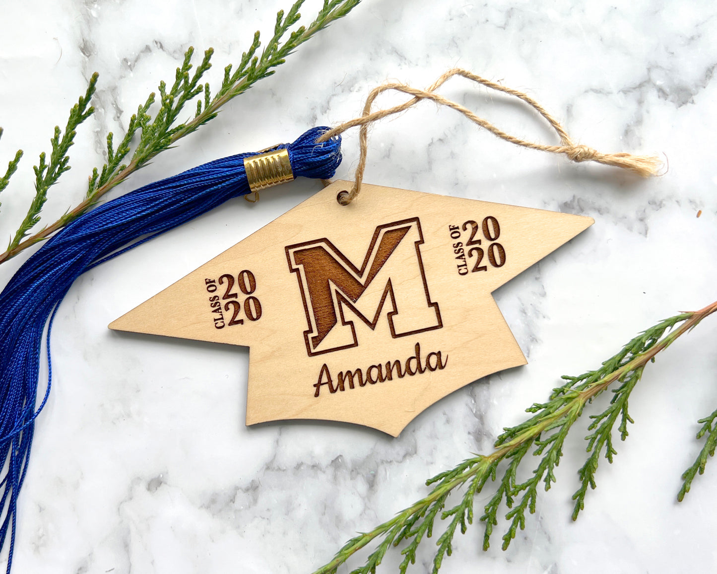 Graduation Cap Custom School Logo / Fraternity or Sorority Wood Engraved Ornament, Personalized with Name and Year of Graduate
