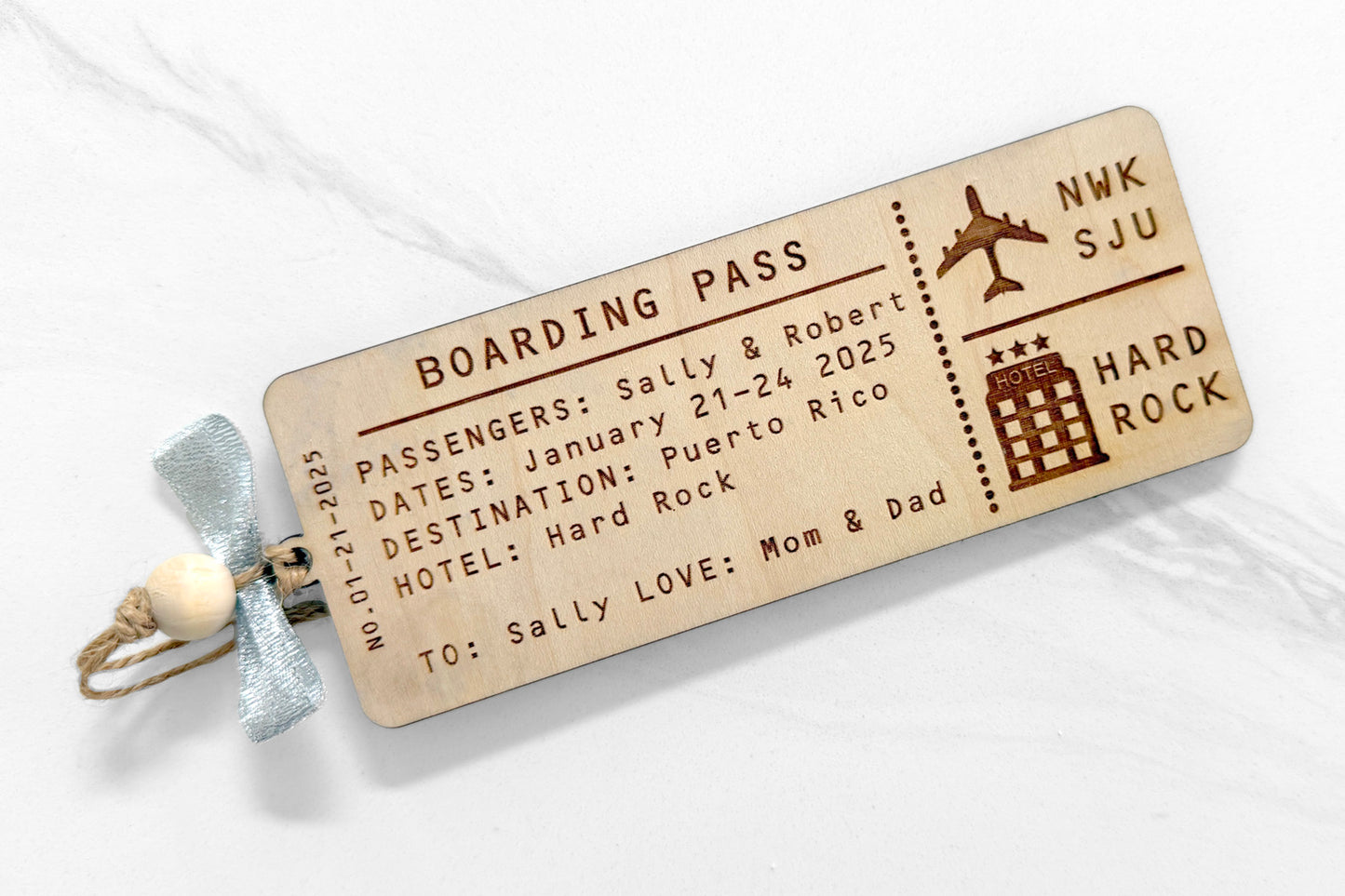 Personalized Wood Ticket to memorialize Airplane, Vacation, Trip