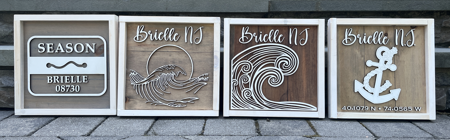 Custom Town 3D Nautical Wave and Sunset Wood Sign, Personalized with City and State or Last Name for Couples, Beach Gift for New Home, Wedding Gift