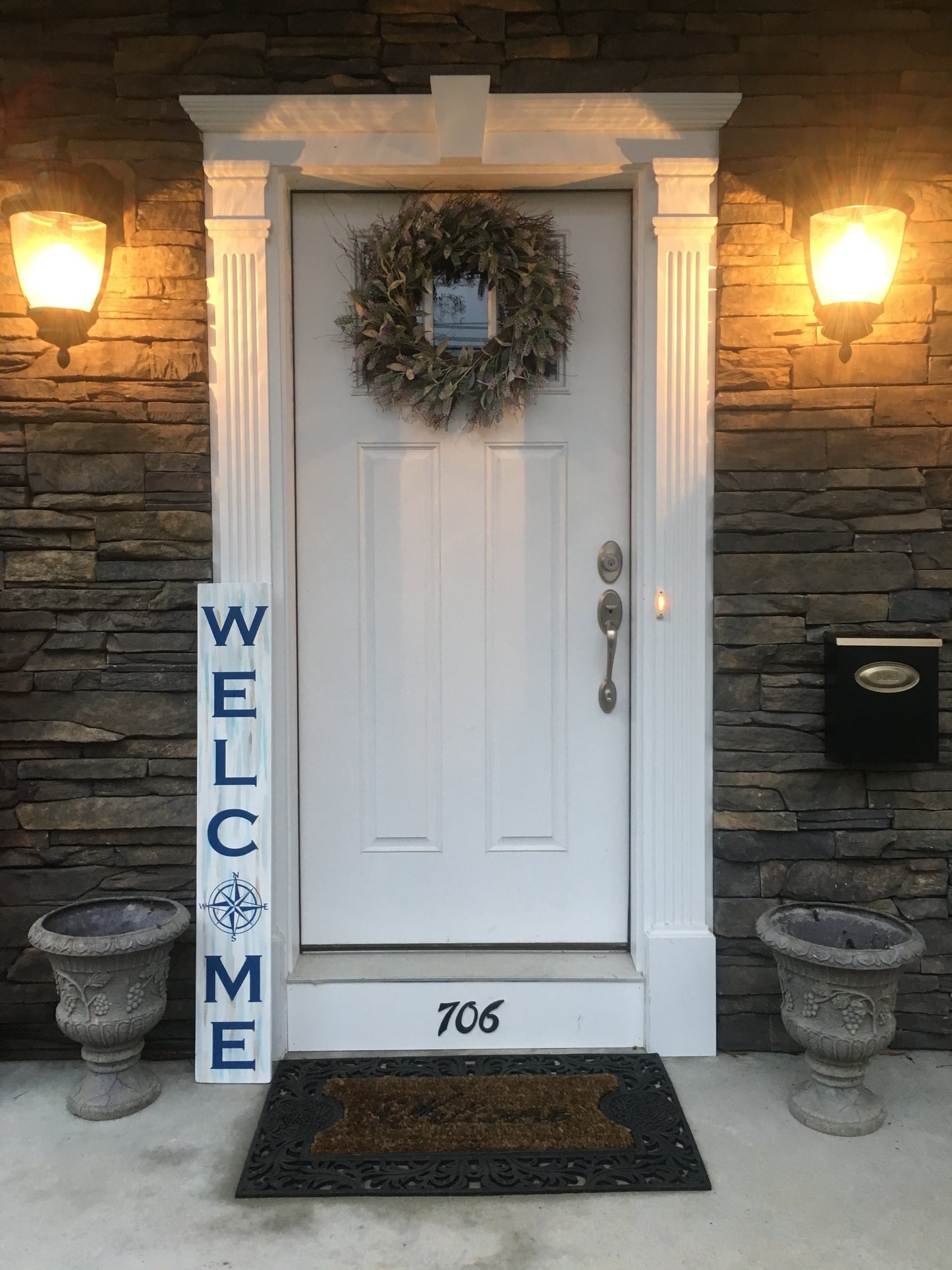 Handmade Wood Welcome Porch Leaner Sign with Compass Design