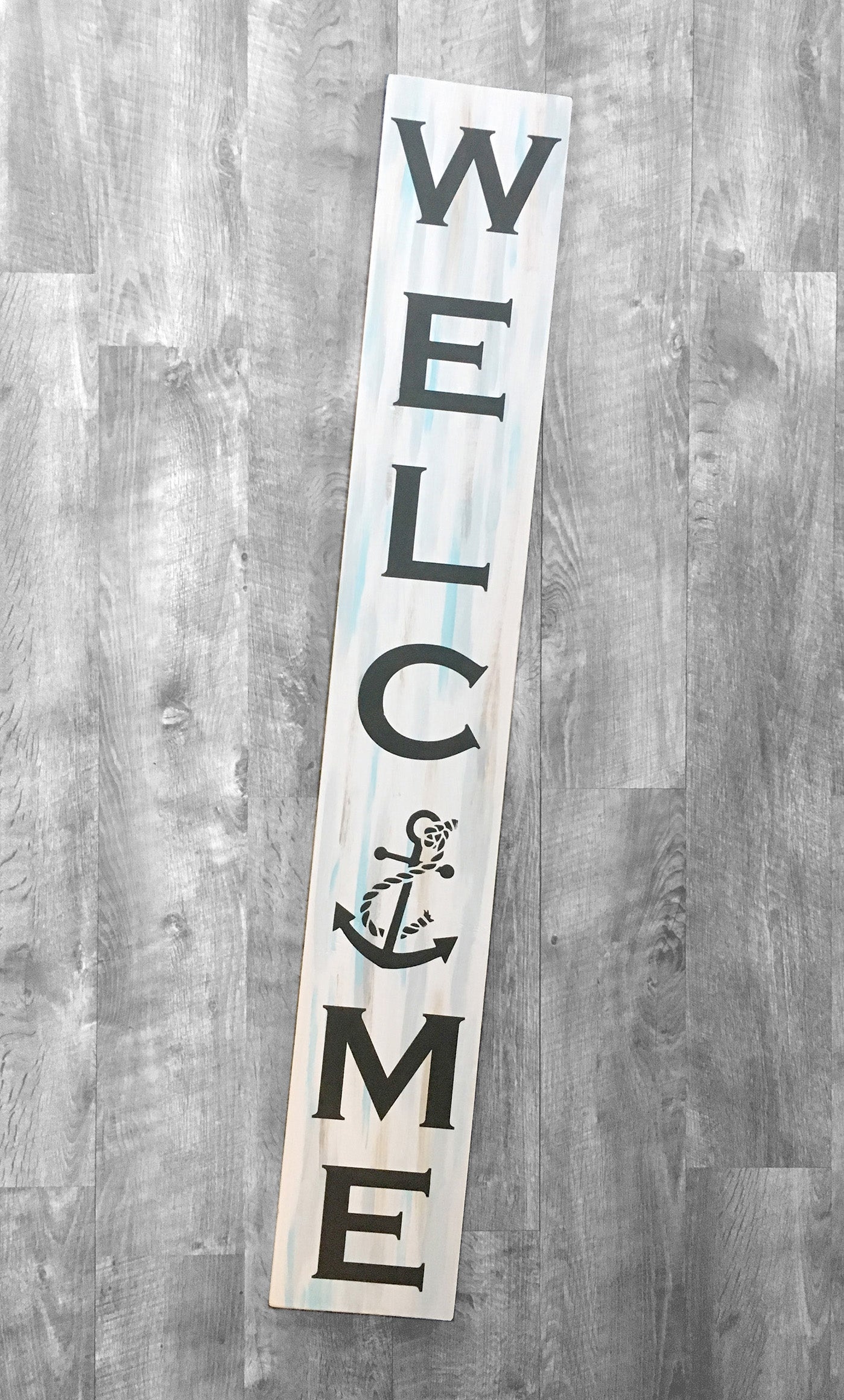 Handmade Wood Welcome Porch Leaner Sign with Anchor Design