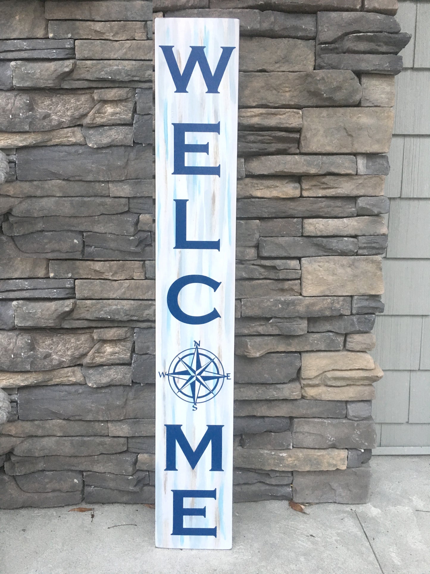 Handmade Wood Welcome Porch Leaner Sign with Compass Design