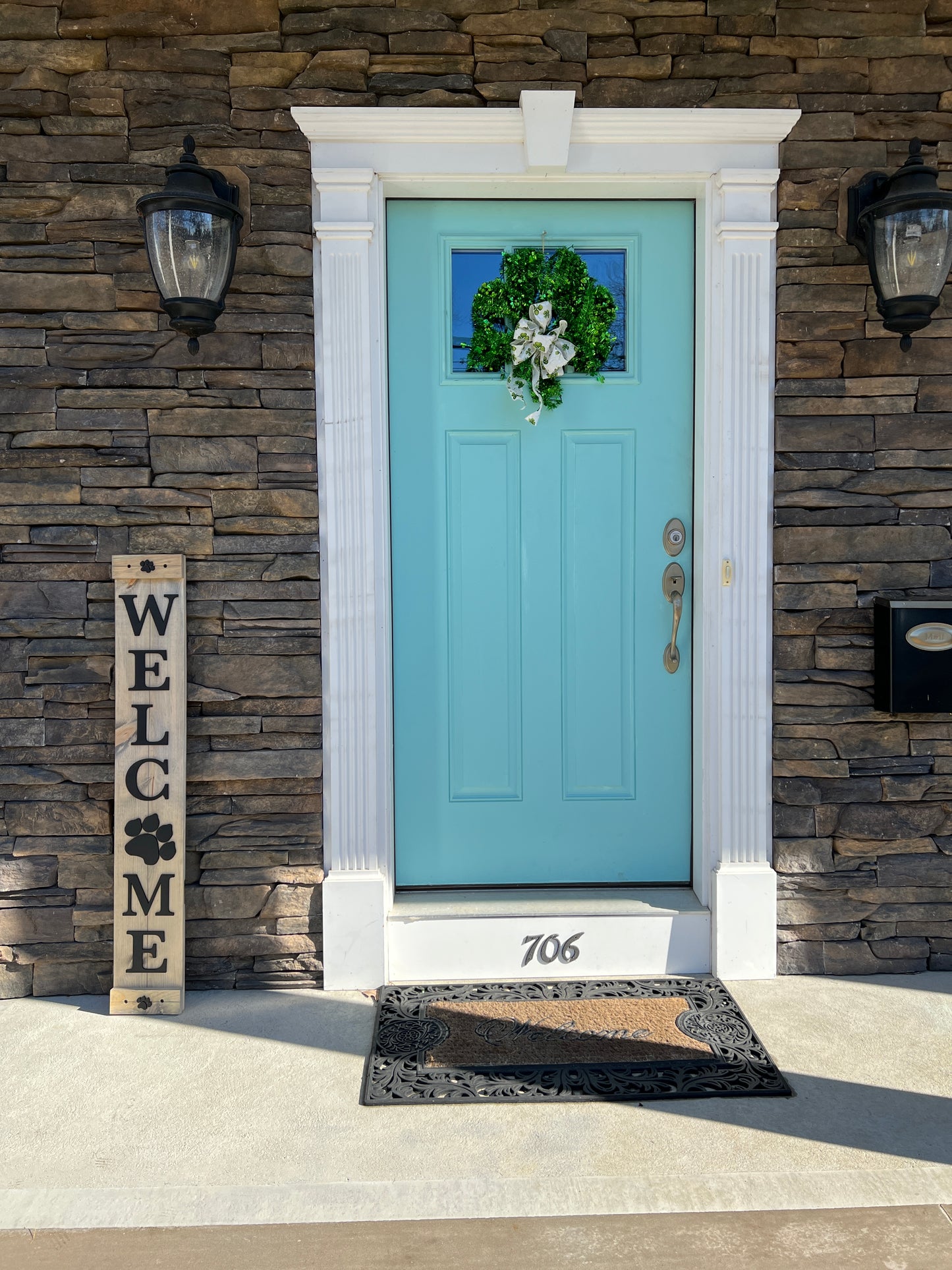 Handmade Wood Welcome Porch Leaner Sign with Dog Paw Design