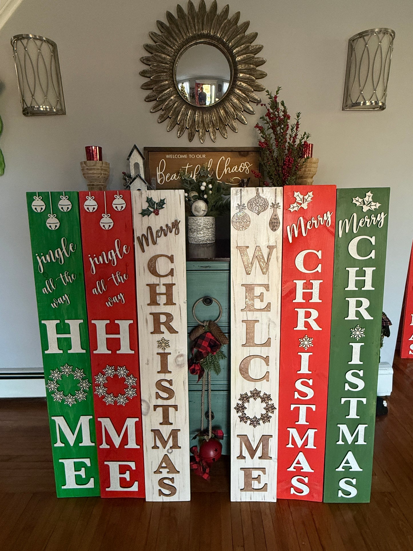 Handmade Wood Welcome Porch Leaner Sign with Christmas Holiday Design