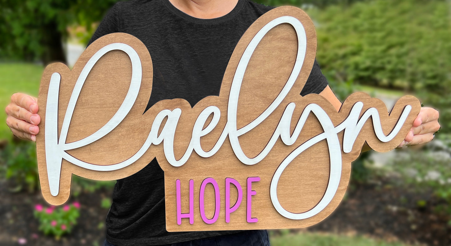 Large wood name sign, Custom nursery boho design for kids room, Layered 3D double name for above crib in baby room, nursery name cutout