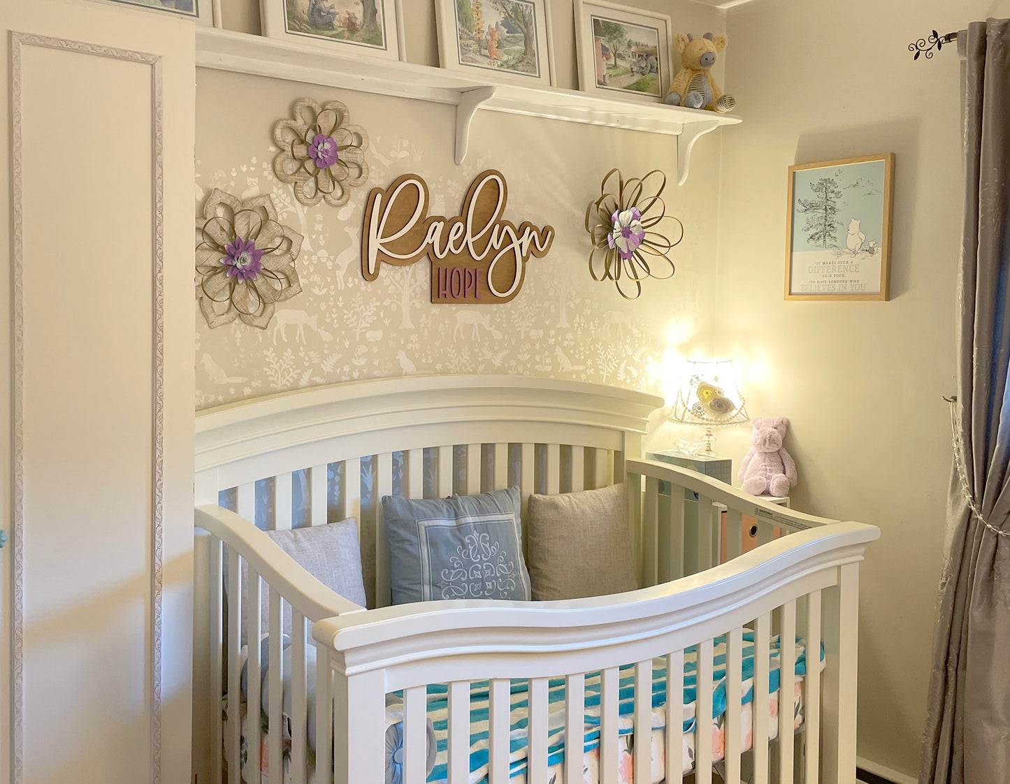 Large wood name sign, Custom nursery boho design for kids room, Layered 3D double name for above crib in baby room, nursery name cutout