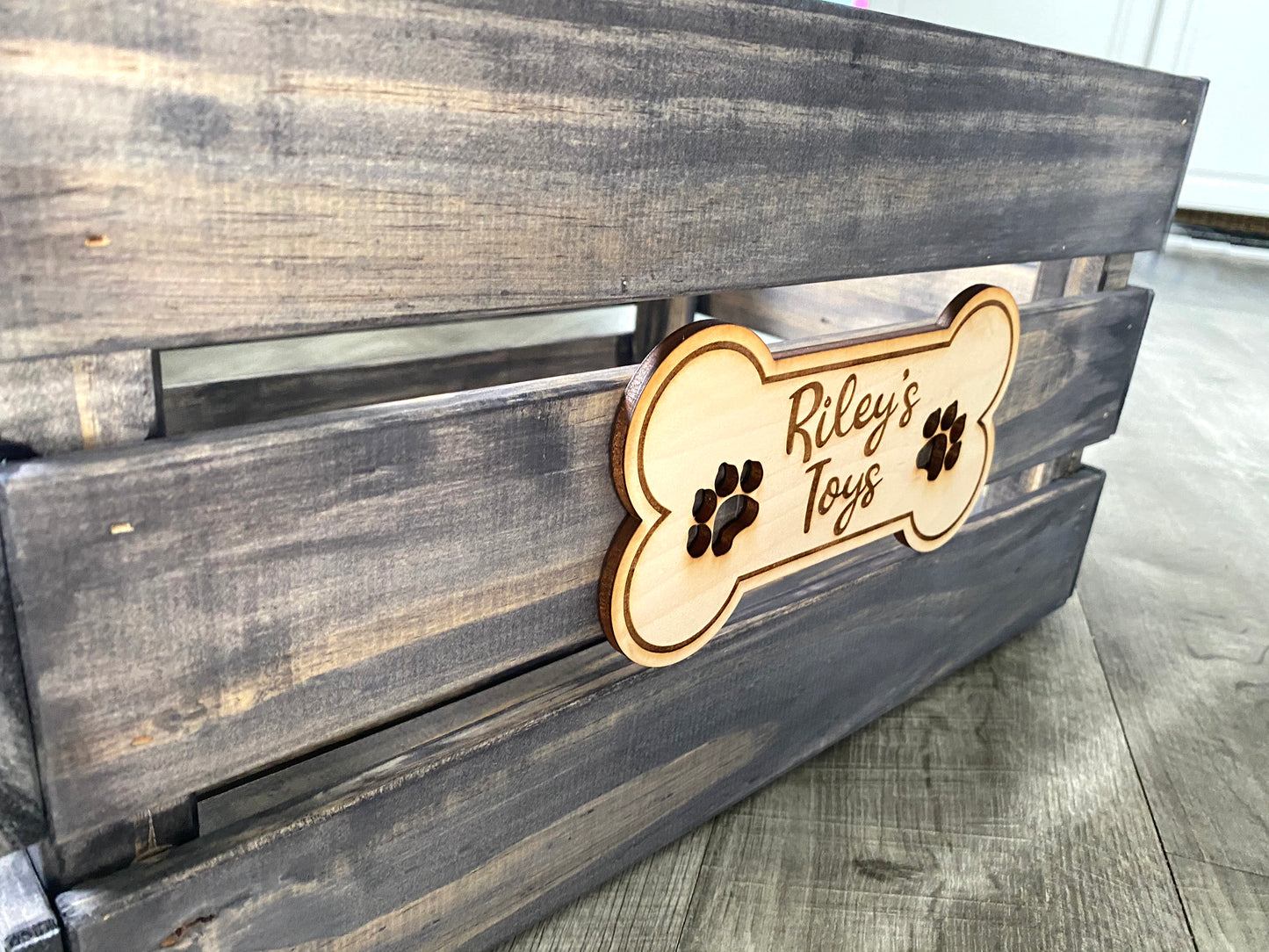 3D Laser Engraved Personalized Dog Toy Bin. Rustic Farmhouse Look crate for pet toy storage, customized with name! Great for organizing.