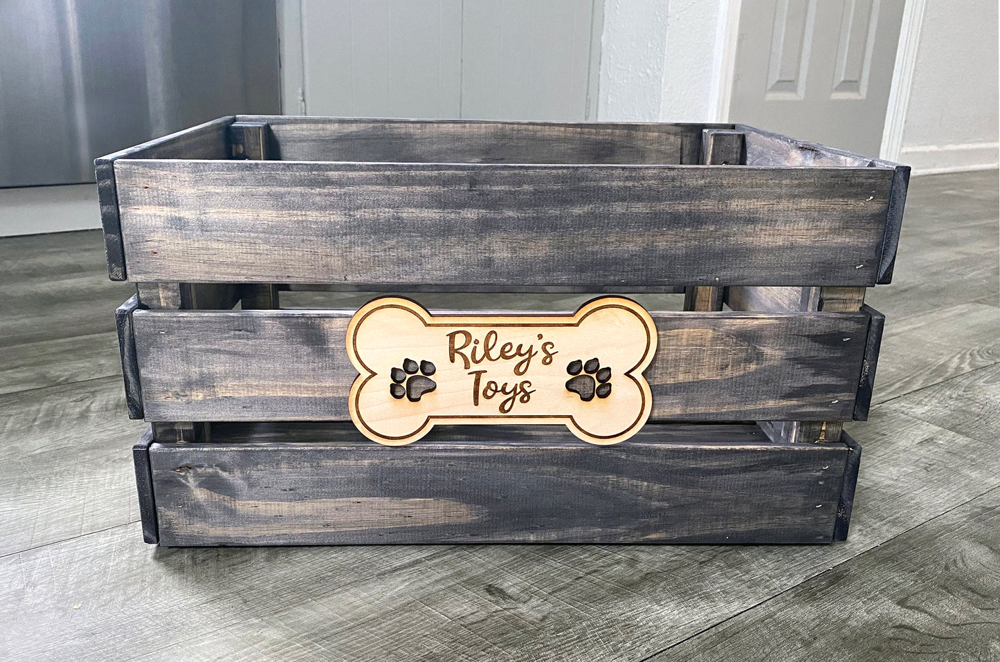 3D Laser Engraved Personalized Dog Toy Bin. Rustic Farmhouse Look crate for pet toy storage, customized with name! Great for organizing.
