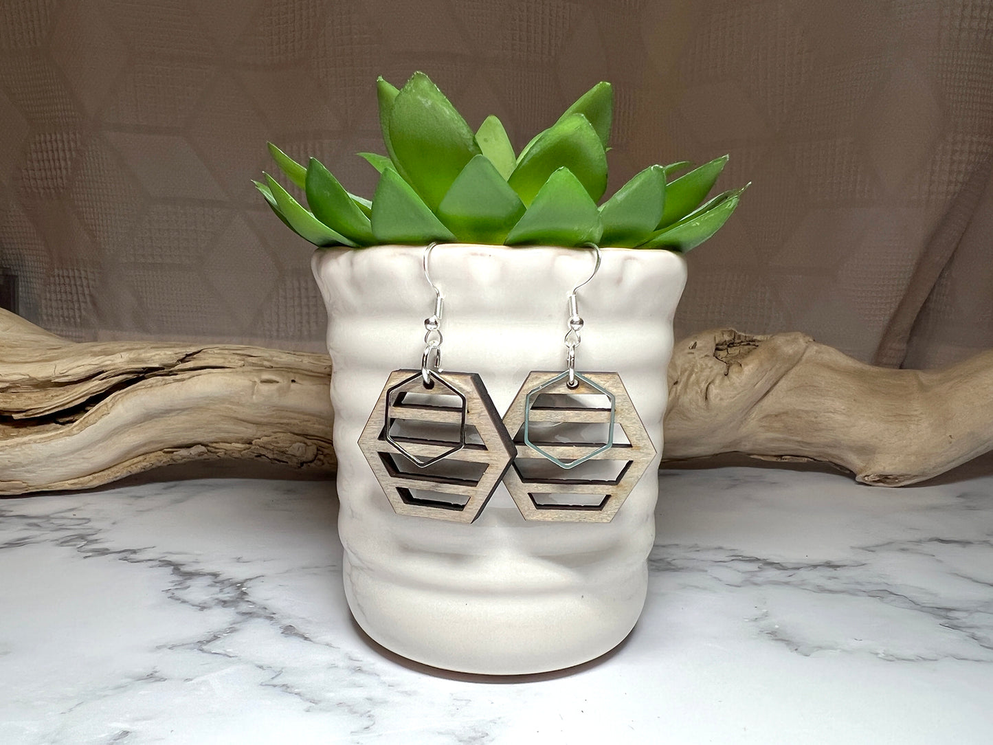 Handmade Hexagon Wood Earrings