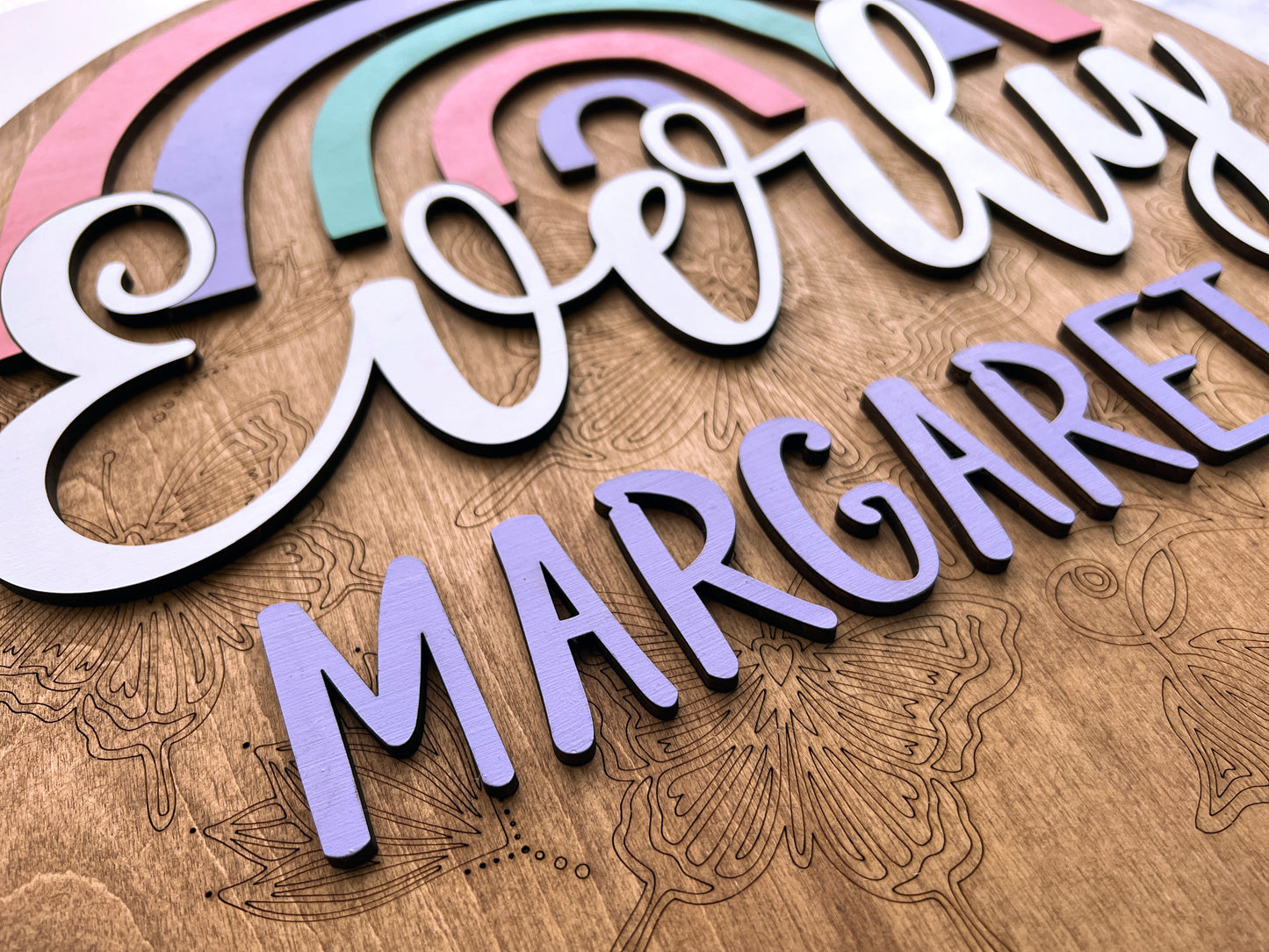 Boho Rainbow Sign 3D, Customized Baby Name Sign, Children's Nursery Decor, Personalized Wood Sign with Painted Rainbow, Girls Home Decor