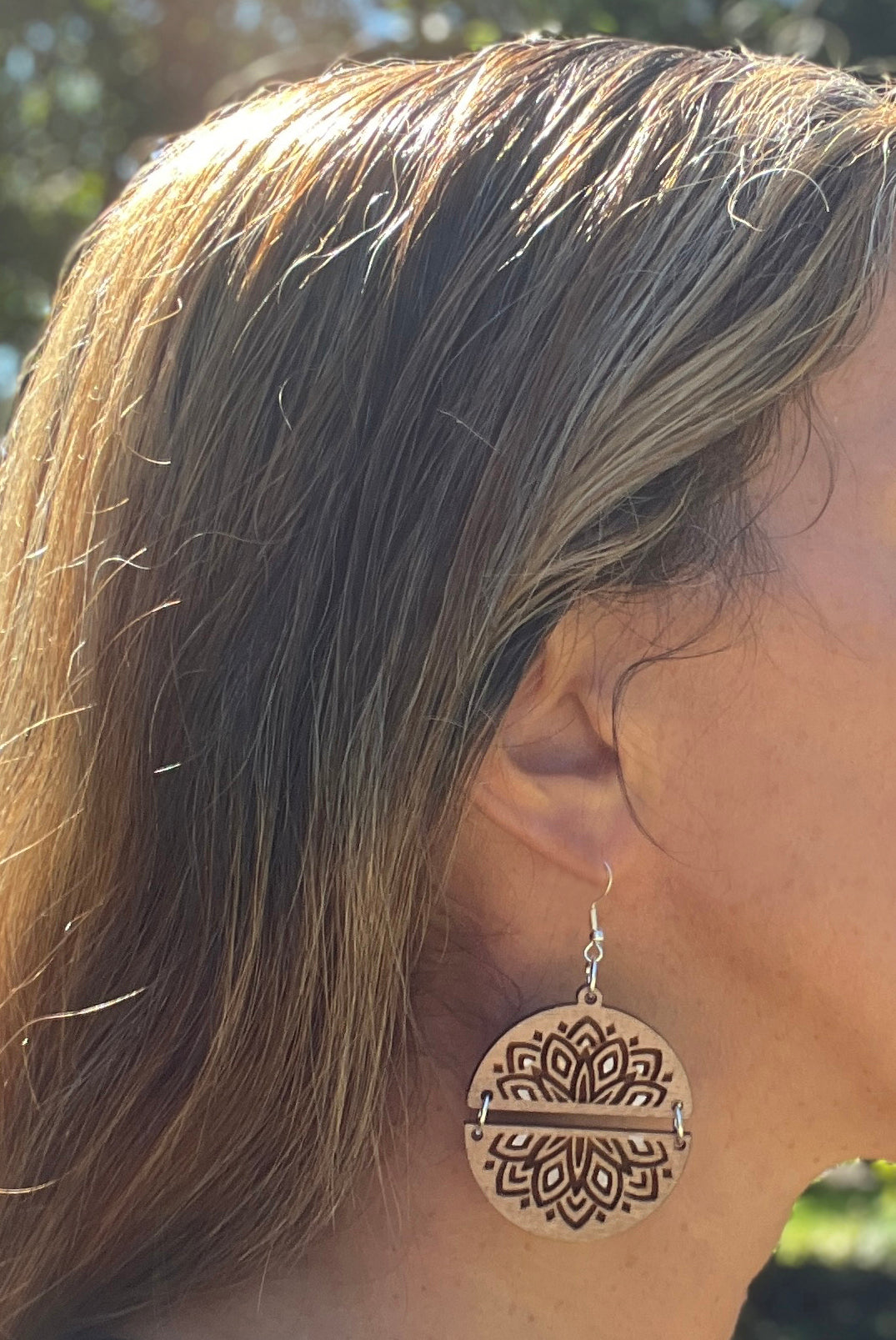 Handmade Two Part Painted Mandala Flower Wood Earrings