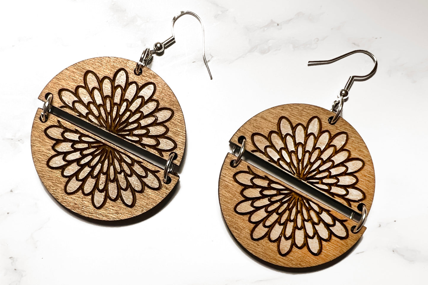 Handmade Two Part Painted Mandala Flower Wood Earrings
