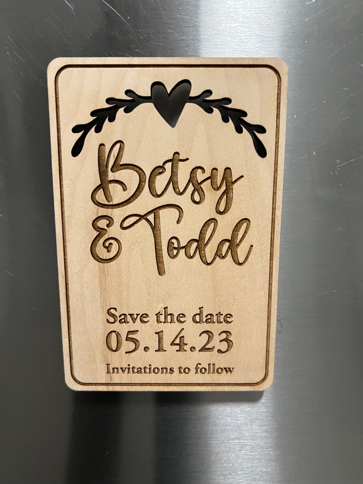 Save the Date Wedding Wood Magnet with Kraft Envelopes, Customized for wedding date and personalized for party details