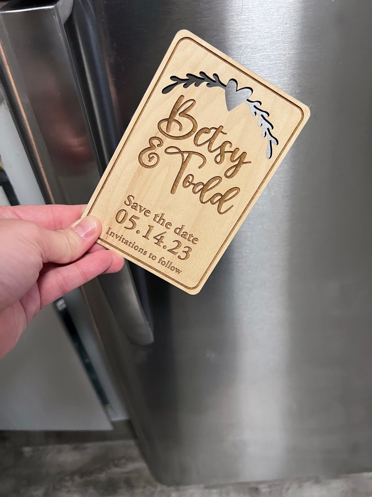 Save the Date Wedding Wood Magnet with Kraft Envelopes, Customized for wedding date and personalized for party details