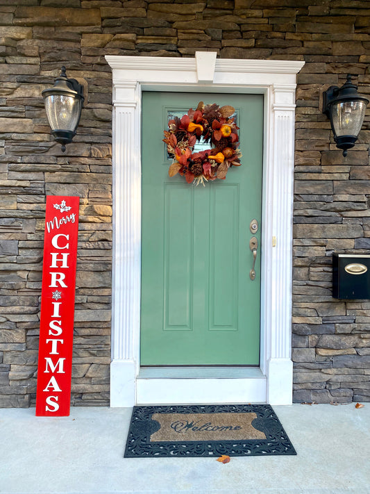 Handmade Wood Welcome Porch Leaner Sign with Christmas Holiday Design