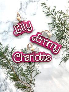 Swirly Girly Hot Pink Customized Name Ornament, Handmade, Personalized Christmas Tree Decor