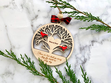 Cardinal Loss Family Tree Ornament, Handmade Wood Personalized Remembrance for the Holidays