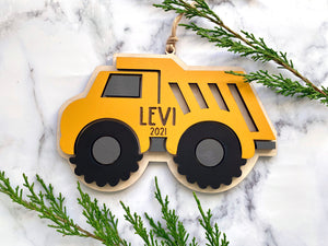 Construction Truck 3D Wood Engraved Ornament, Personalized Vehicle with name Christmas Tree Decor