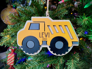 Construction Truck 3D Wood Engraved Ornament, Personalized Vehicle with name Christmas Tree Decor