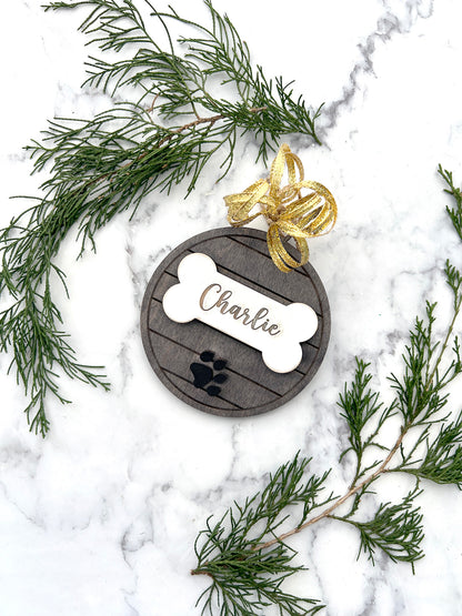 Dog Bone & Paw Print Personalized Wood Ornament