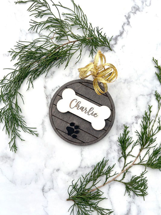 Dog Bone & Paw Print Personalized Wood Ornament