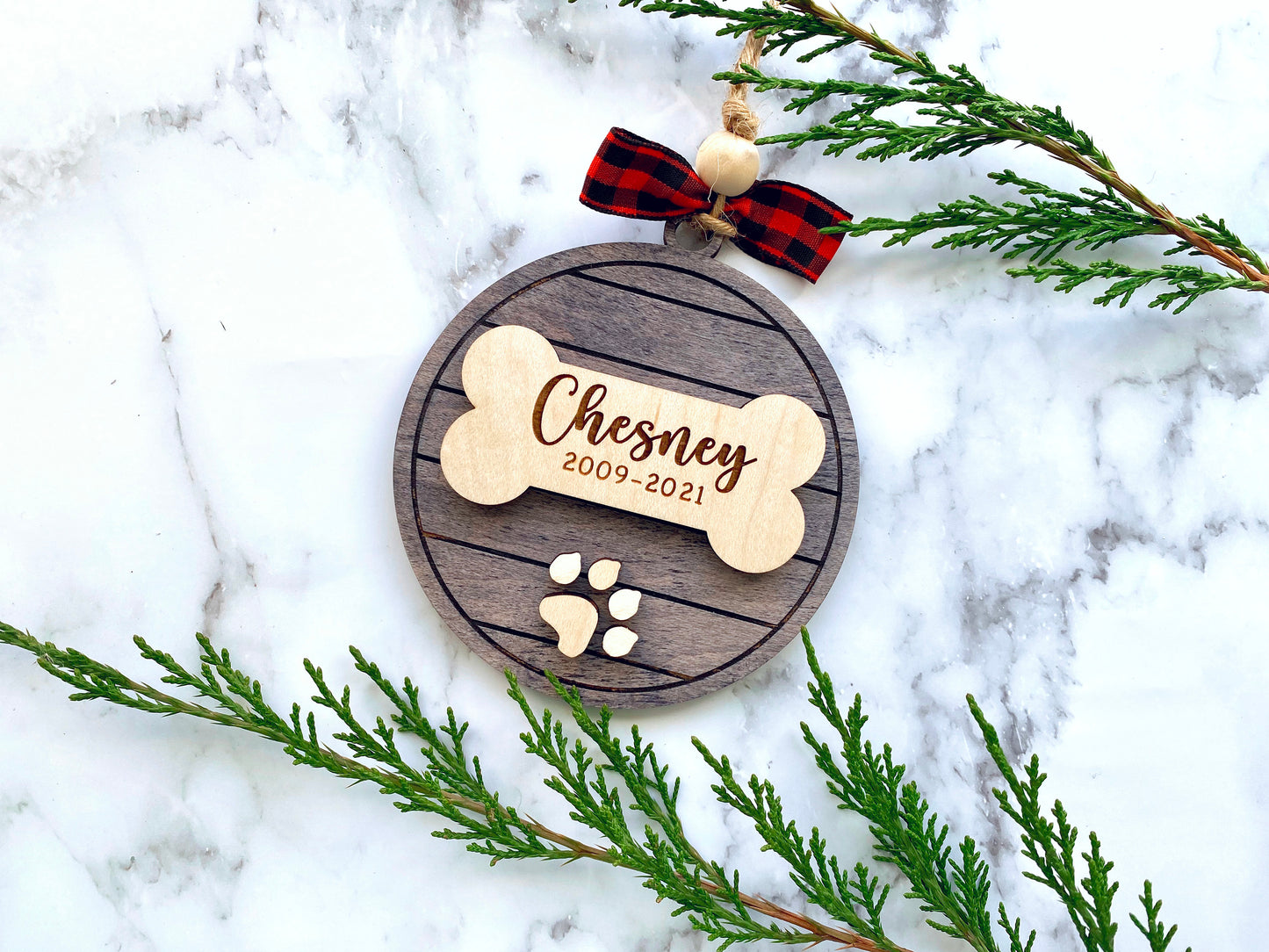 Dog Bone & Paw Print Personalized Wood Ornament