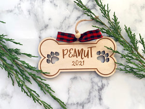 Custom Laser Engraved Dog Bone Wood Ornament, Personalized with Pets Name for the Holidays, Christmas Tree Gift