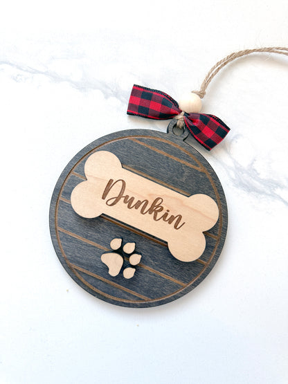 Dog Bone & Paw Print Personalized Wood Ornament