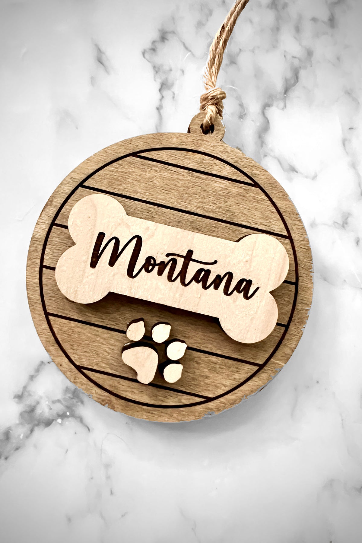 Dog Bone & Paw Print Personalized Wood Ornament