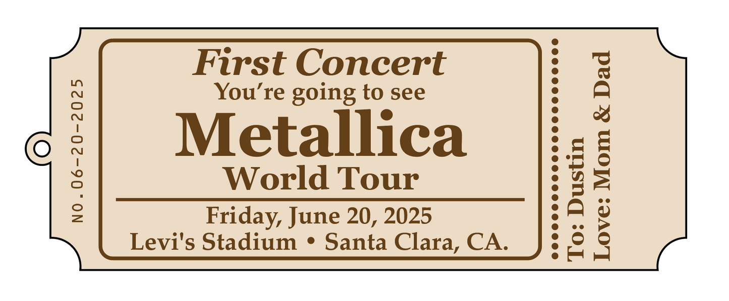 Personalized Wood Ticket to memorialize concert, play or event