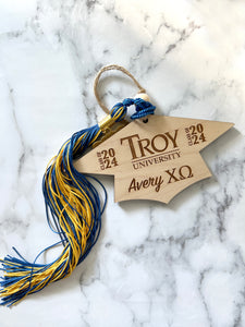 Graduation Cap Custom School Logo / Fraternity or Sorority Wood Engraved Ornament, Personalized with Name and Year of Graduate