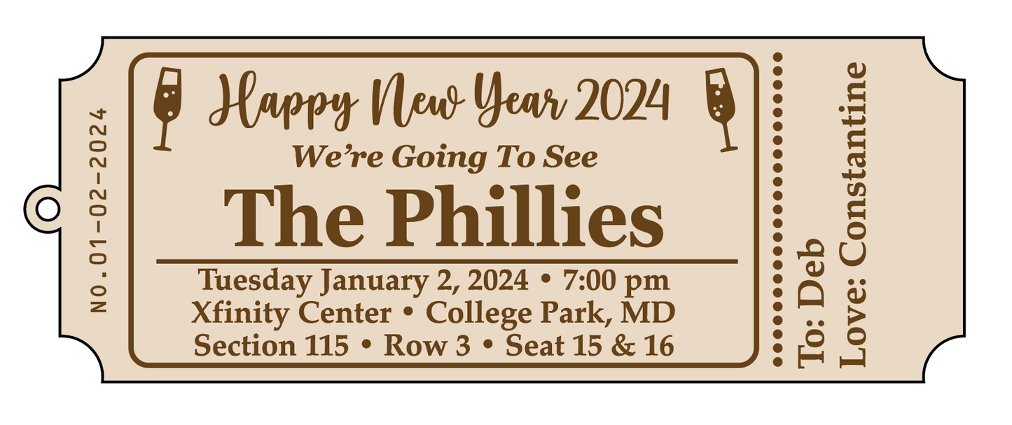 Personalized Wood Ticket to memorialize concert, play or event