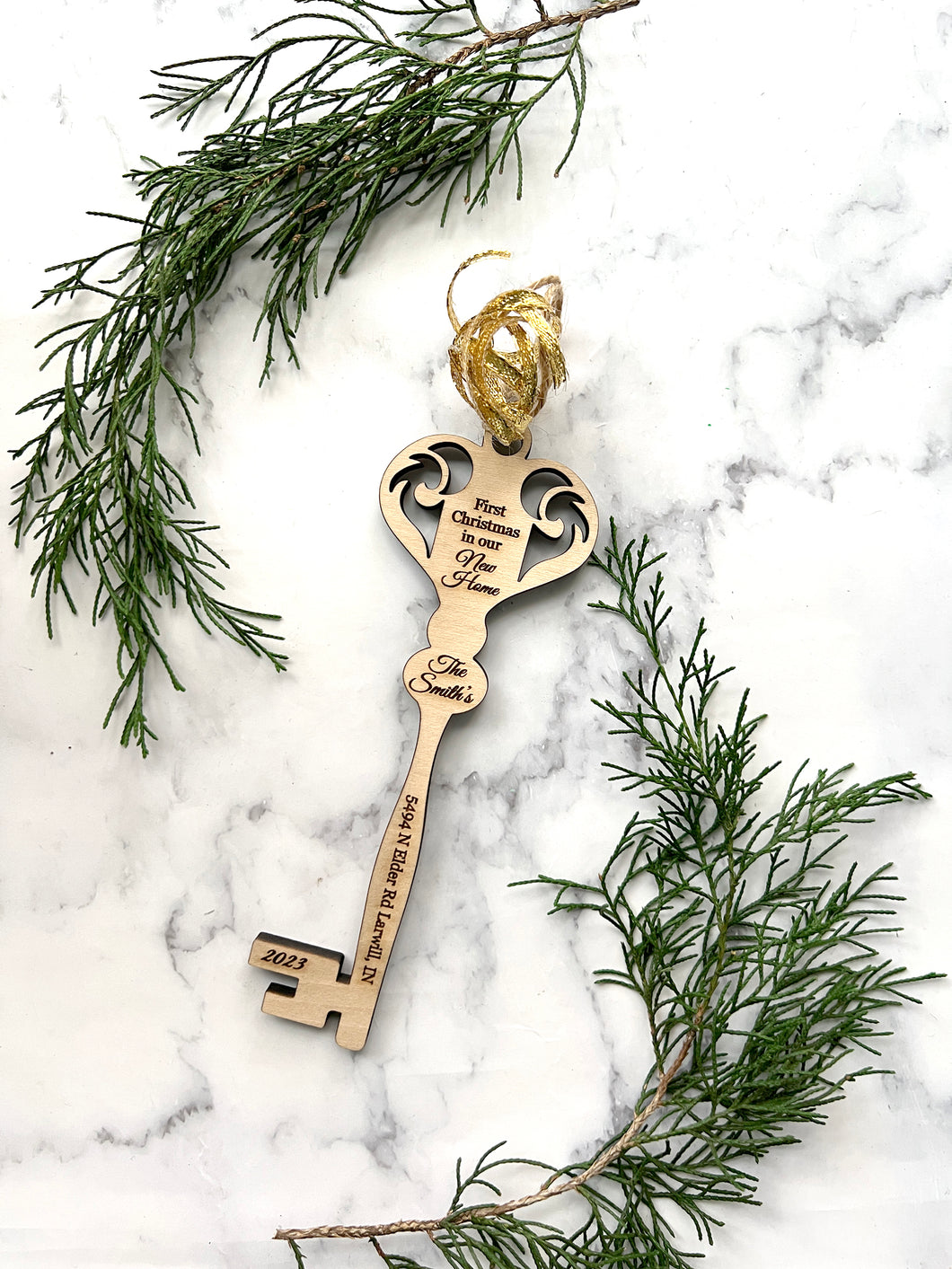 Key for new home personalized Christmas ornament, custom laser engraved wood key