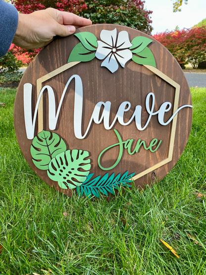Monstera Leaf Theme Wood Sign for Baby Nursery or Kids Room