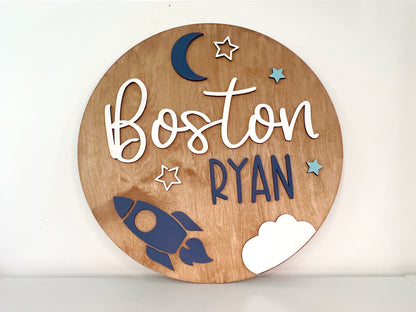 Space Rocket Ship Theme Wood Sign for Baby Nursery or Kids Room