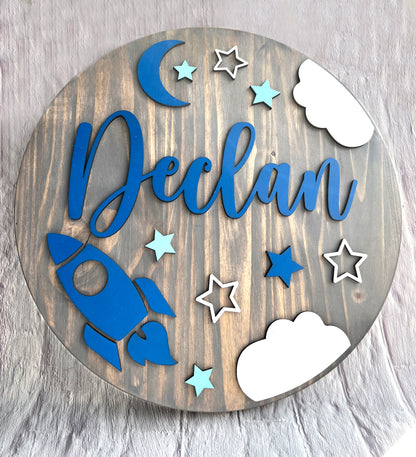 Space Rocket Ship Theme Wood Sign for Baby Nursery or Kids Room
