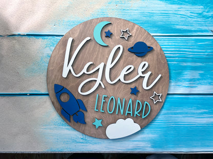 Space Rocket Ship Theme Wood Sign for Baby Nursery or Kids Room