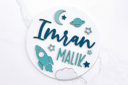 Space Rocket Ship Theme Wood Sign for Baby Nursery or Kids Room