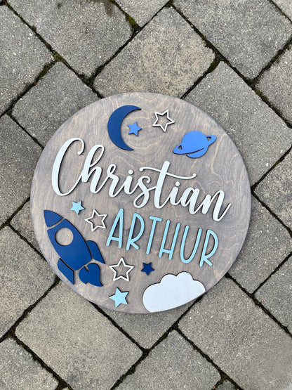 Space Rocket Ship Theme Wood Sign for Baby Nursery or Kids Room