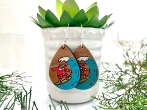 Handmade Wood Holiday Earrings with Surfing Santa, Gnomes, Christmas Trees, Mittens, Snowflakes Handpainted