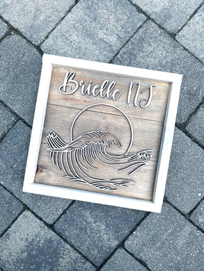 Custom Town 3D Nautical Wave and Sunset Wood Sign, Personalized with City and State or Last Name for Couples, Beach Gift for New Home, Wedding Gift