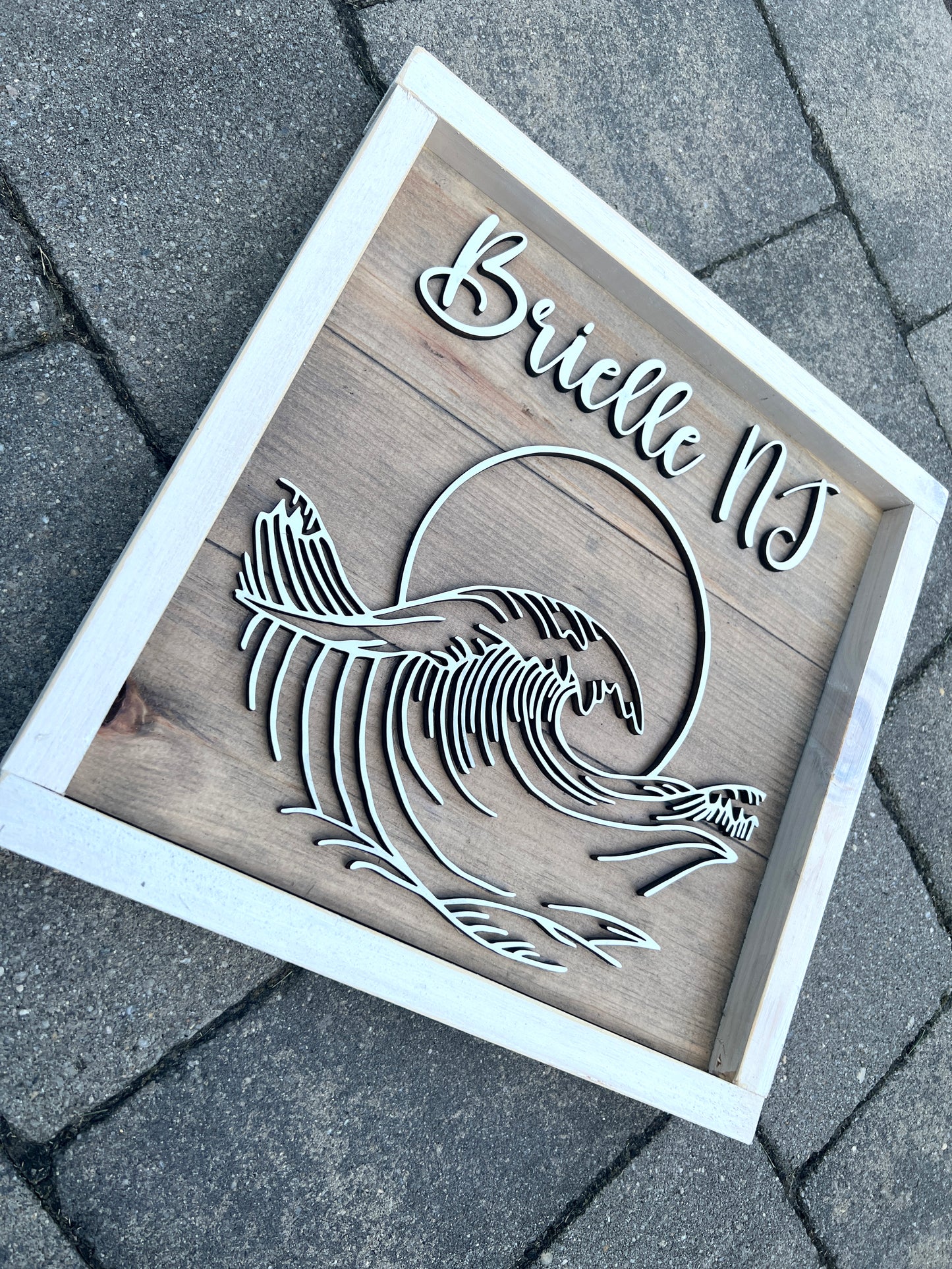 Custom Town 3D Nautical Wave and Sunset Wood Sign, Personalized with City and State or Last Name for Couples, Beach Gift for New Home, Wedding Gift