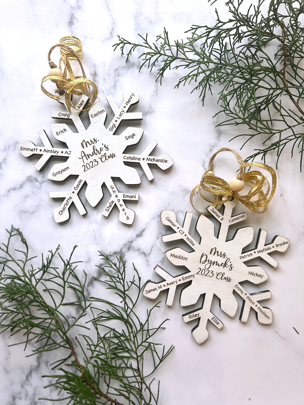 Custom Teacher Class Snowflake, Wood Engraved Ornament, Personalized with names and year, Christmas Tree Decor