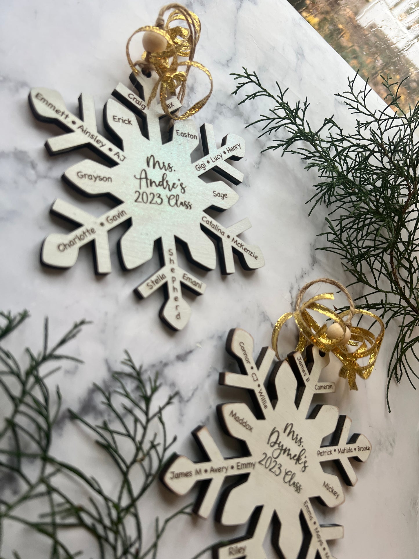 Teacher Gift Class Names Snowflake Personalized Wood Ornament