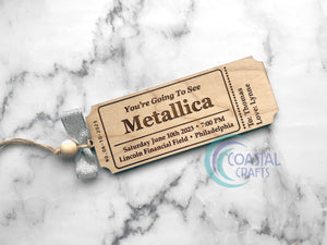Custom Laser Engraved Wood Ticket, Personalized Gift for Concert, Play, Special Occasion Ornament