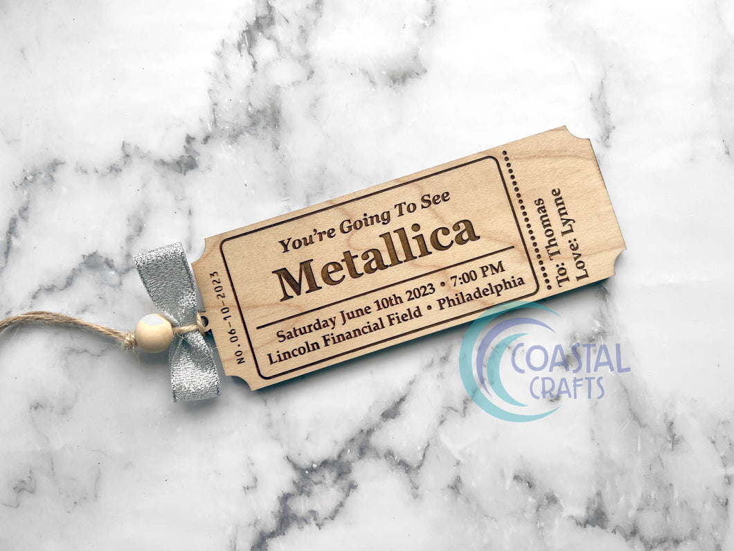 Custom Laser Engraved Wood Ticket, Personalized Gift for Concert, Play, Special Occasion Ornament