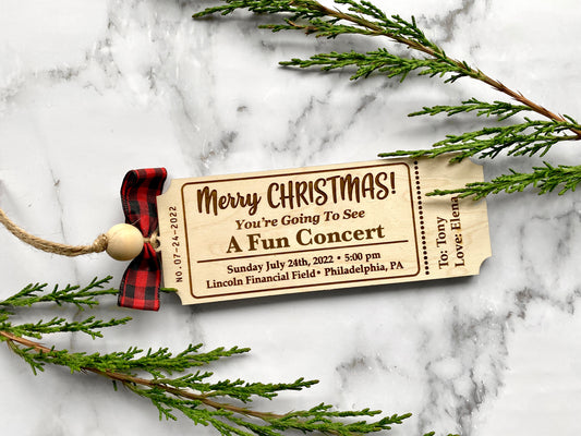 Personalized Wood Ticket Holiday Ornament to memorialize concert, play or event