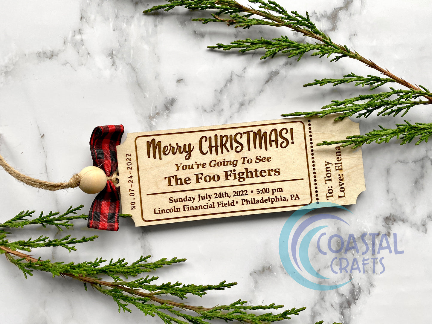 Personalized Wood Ticket Holiday Ornament to memorialize concert, play or event