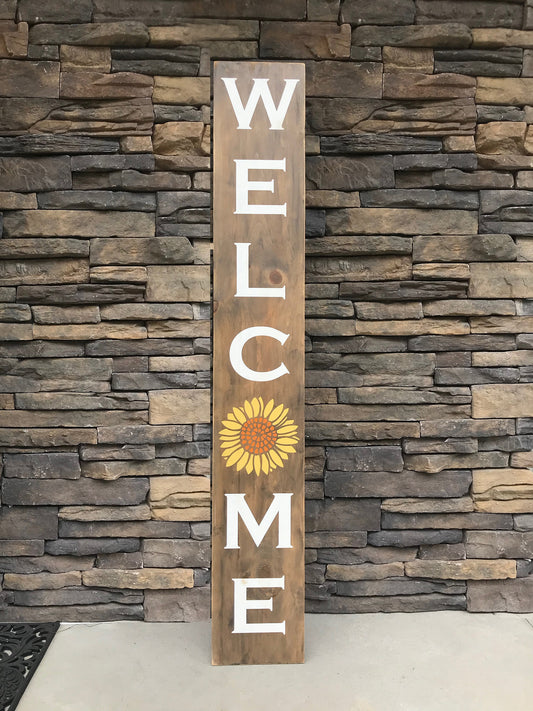 Handmade Wood Welcome Porch Leaner Sign with Sunflower Design